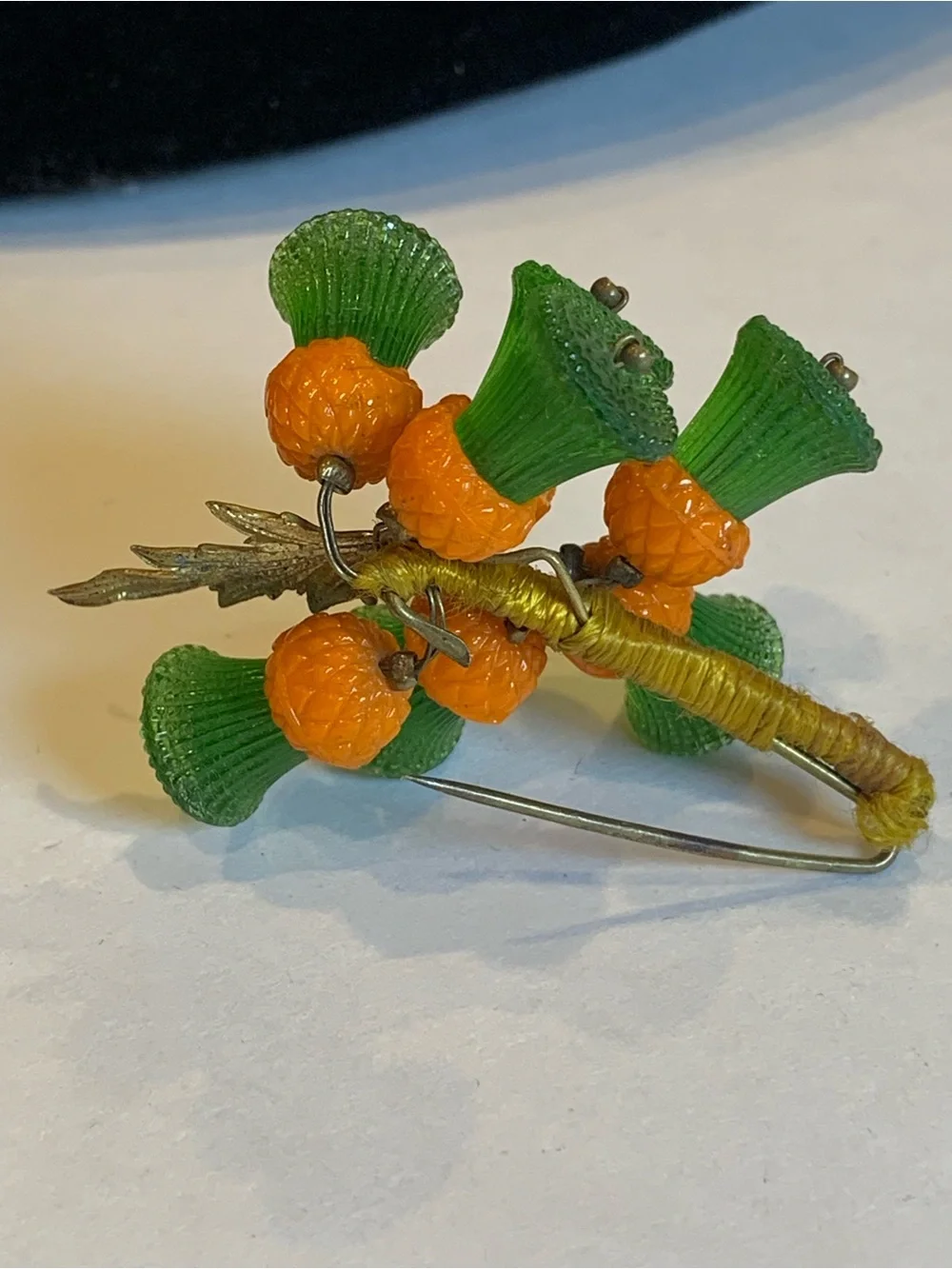 Vintage Czech Glass Flower Bouquet Brooch Orange Green Silk Wrapped Stem